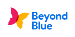 Pink and yellow graphic in the shape of a butterfly and blue font spelling Beyond Blue