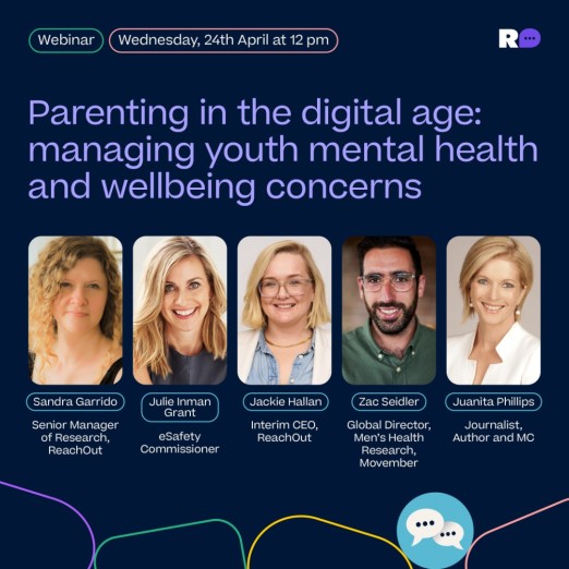 Navy square with 5 faces and reachout logo