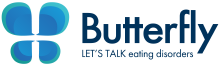 Butterfly Foundation logo. A stylised, blue butterfly next to text "Butterfly. LET'S TALK eating disorders"