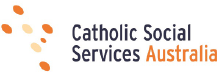 Catholic Social Services Australia logo. A series of orange dots in the shape of a Christian Cross with text "Catholic Social Services Australia"